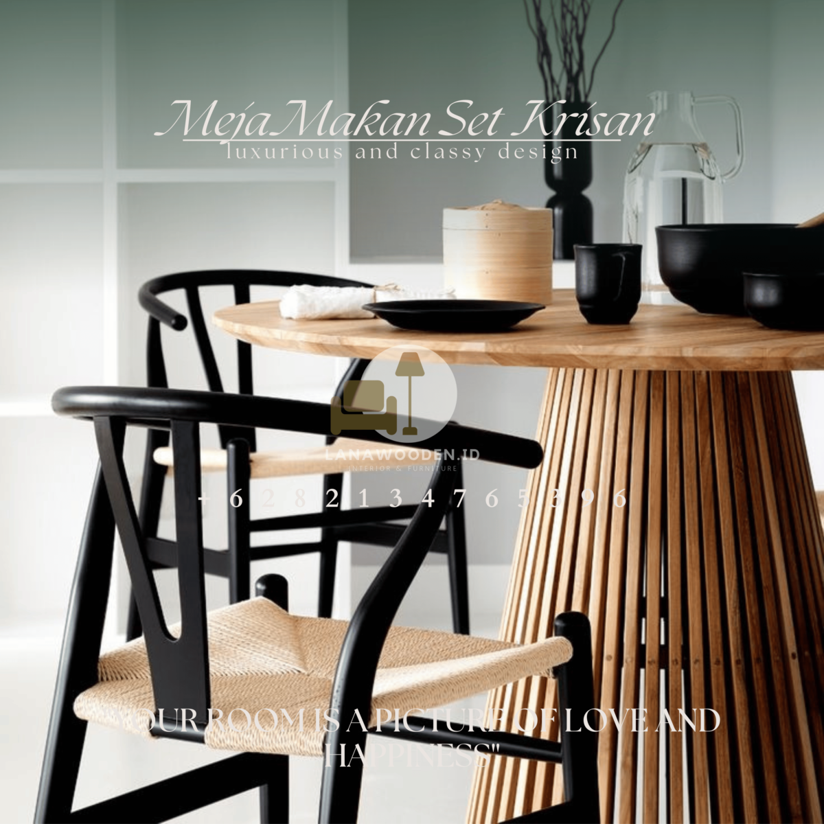Meja makan bulat minimalis modern kursi 4 jati