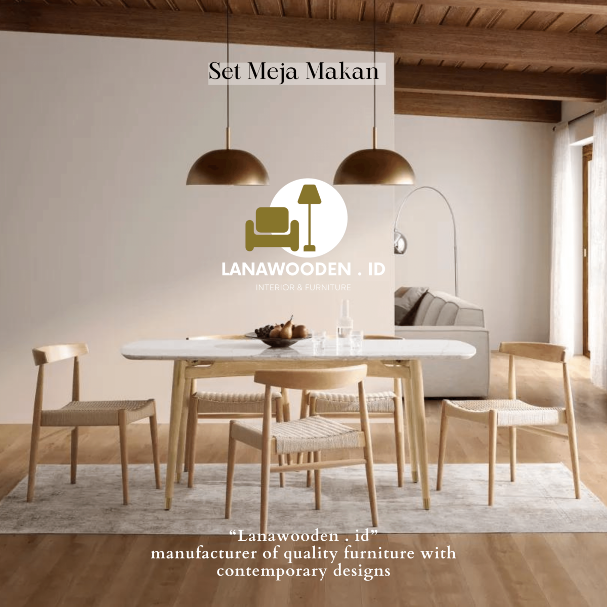 Meja makan marmer kayu jati Set meja makan marmer kursi 6 dengan top meja marmer cararra dan kursi anyaman dari Lanawooden.id - Image 1