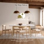 Set meja makan marmer kursi 6 dengan top meja marmer cararra dan kursi anyaman dari Lanawooden.id