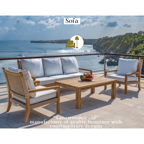 Sofa lounge outdoor dengan konsep furniture outdoor modern dari Lanawooden.id . Memadukan rangka kayu jati dengan aksen tali khusus furniture outdoor pada bagian dudukan dan sandaran. Untuk bantalan sofa menggunakan kain khusus outdoor dan busa royalfoam, duduk terasa nyaman lelah pun hilang.