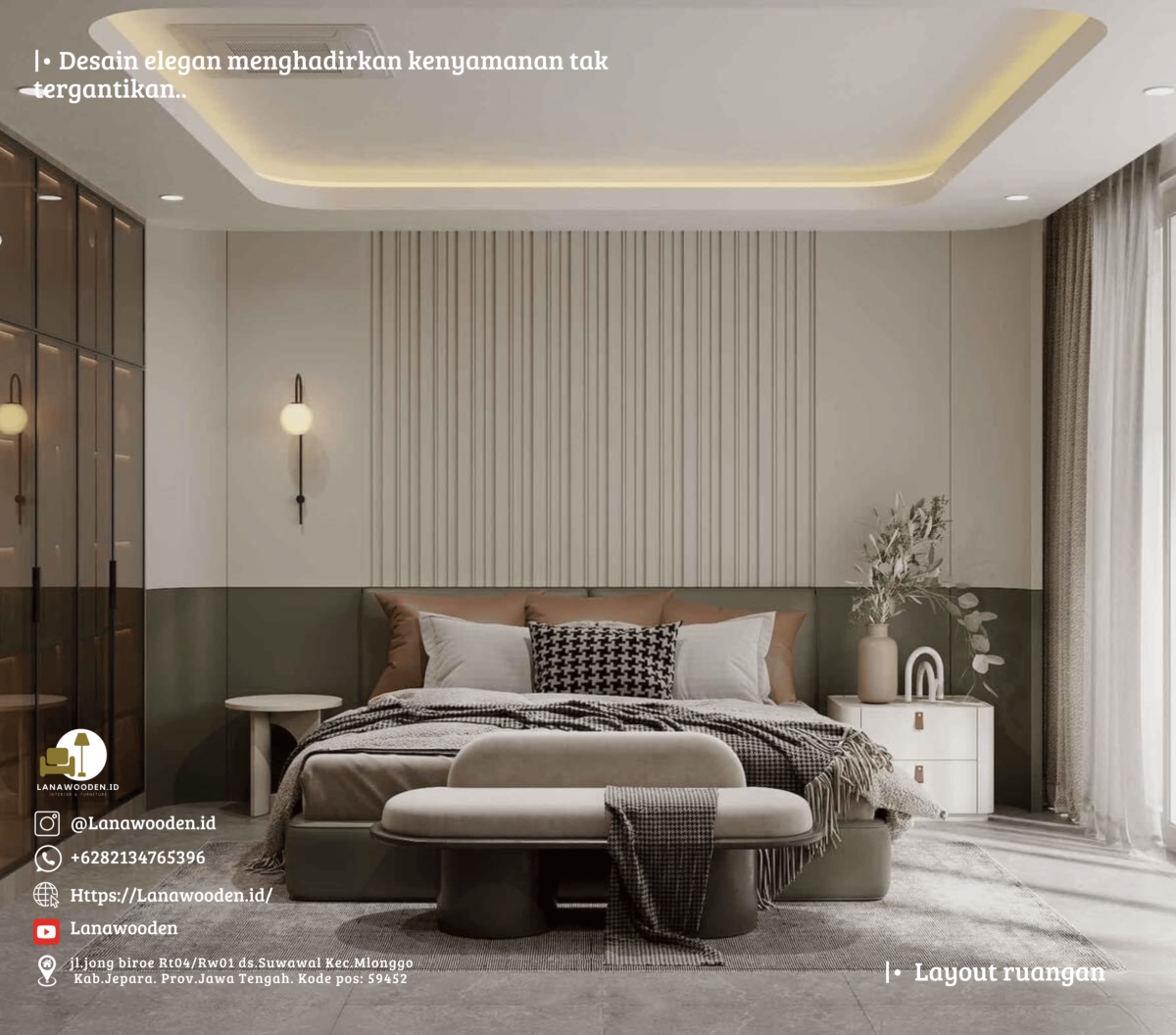 Desai kamar tidur cozy dan ruangan luas dari Lanawooden.id Inspirasi kamar tidur cozy dengan tata ruang luas dan modern, renovasi kamar tidur anda bersama Lanawooden.id