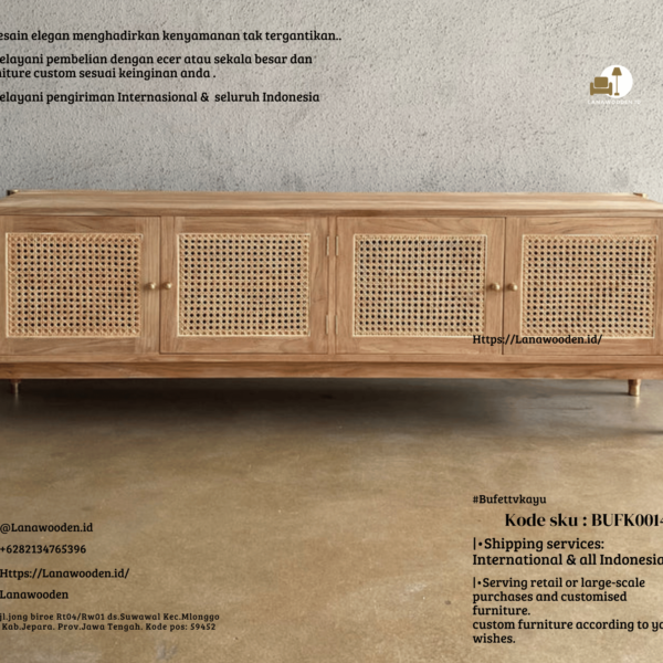 Bufet TV minimalis gaya tropis adalah furnitur yang menggabungkan desain sederhana dan bersih dengan elemen-elemen alami yang mengingatkan pada suasana tropis yang tenang dan hangat. Produk ini dirancang untuk memberikan kenyamanan dan estetika yang memukau di ruang tamu Anda, menciptakan lingkungan yang segar dan menyenangkan