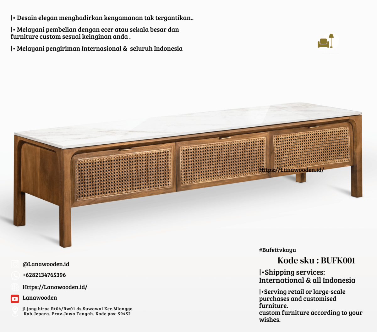 Bufet tv minimalis mewah dengan marmer gaya tropis - kode produk BUFK001 - Image 1